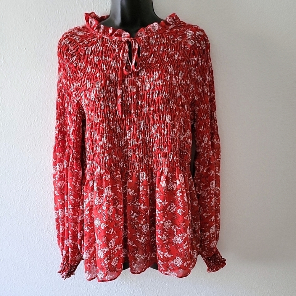 Rose + Olive Women's Shirt Size M Ruched Top Long Sleeve Smocked Blouse Peasant